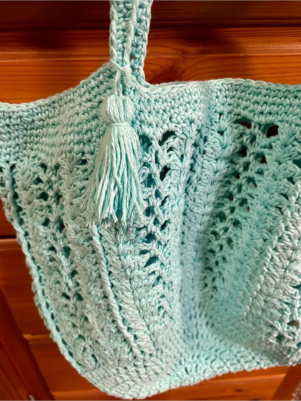 Light Aqua Crochet Tote Bag with Tassel Detail